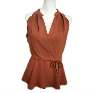 Monteau Rust Brown Sleeveless V-neck Wrap Peplum Blouse Top, L